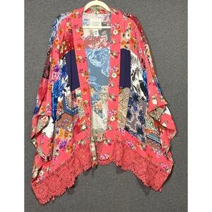 John Mark Women 1X Floral Patchwork Kimono Wrap Pink Lace Hem Open Front Boho